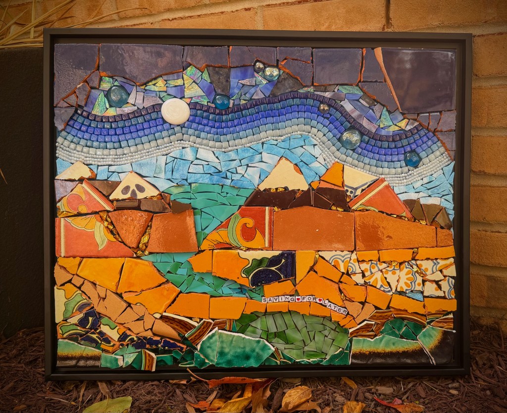 "Saving for later" 12x24, Pique Assiette mosaic on wood panel (2025)